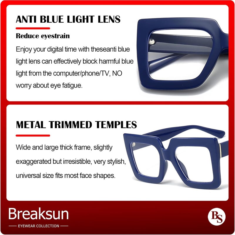 Breaksun Oversized Blue Light Glasses for Women Fashion Thick Square Computer Eyewear Non-Prescription Black Glasses (Dark Blue) - Image 4